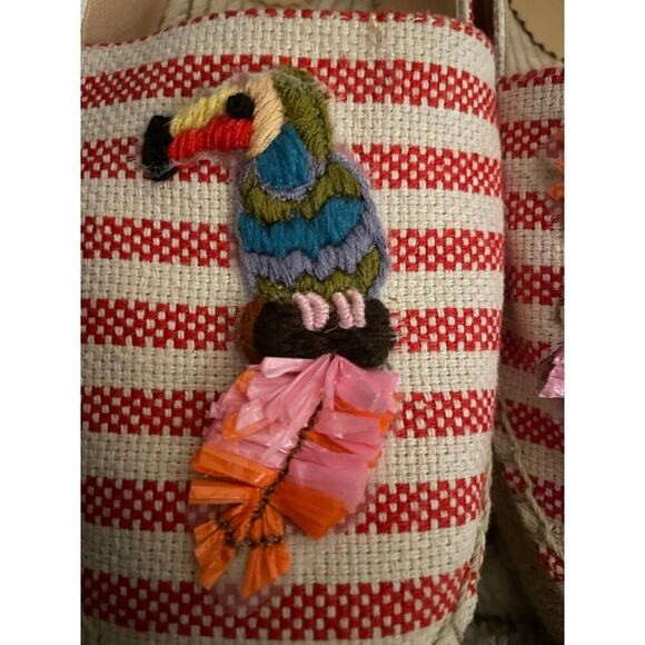 J.Crew Red Stripe Espadrilles Raffia Parrot Palm Tree Flats Vacation Cruise 8,5 - Picture 2 of 9